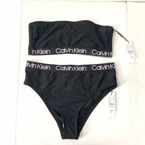 Calvin Klein Womens Large Swimsuit Bikini Strapless Bandeau Black High Waist NEW